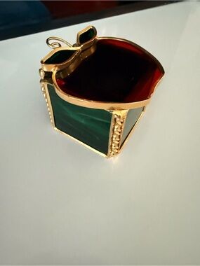 Vintage Stained Glass Apple Trinket Box - Gold Brass Red Green